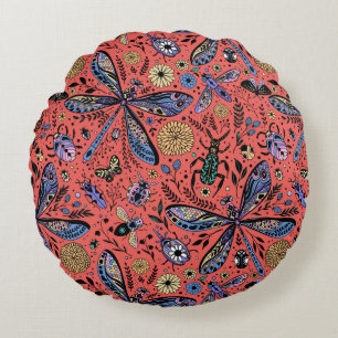 Doodle bugs on coral red round cushion