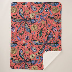 Doodle bugs on coral red sherpa blanket