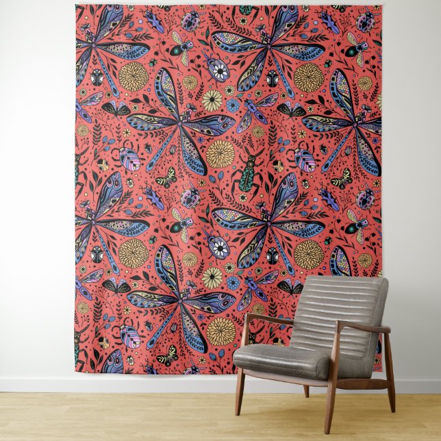 Doodle bugs on coral red tapestry (In Situ)