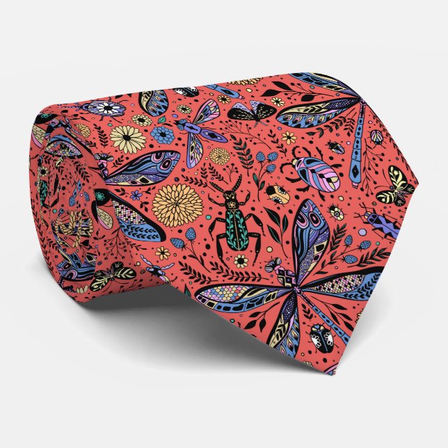 Doodle bugs on coral red tie (Rolled)