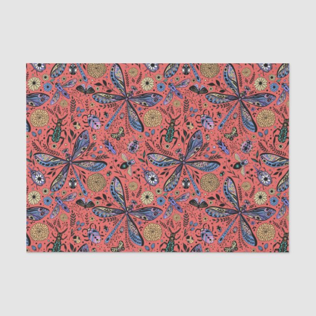 Doodle bugs on coral red tissue paper (Front)