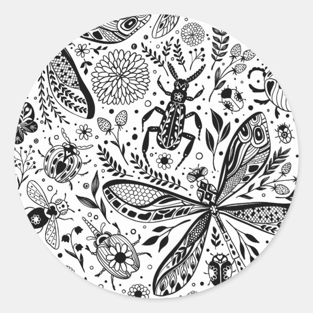 Doodle bugs on dark blue classic round sticker (Front)