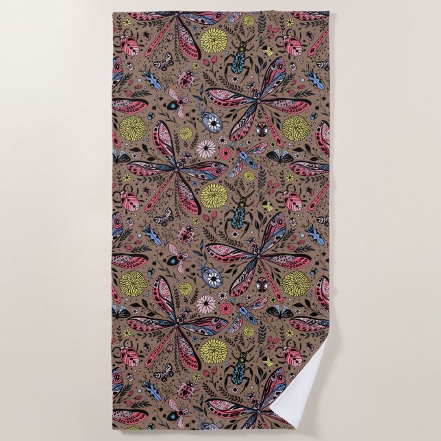 Doodle bugs on mocha brown beach towel (Front)