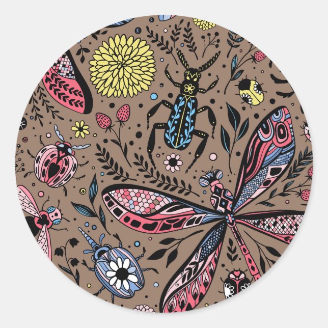 Doodle bugs on mocha brown classic round sticker (Front)