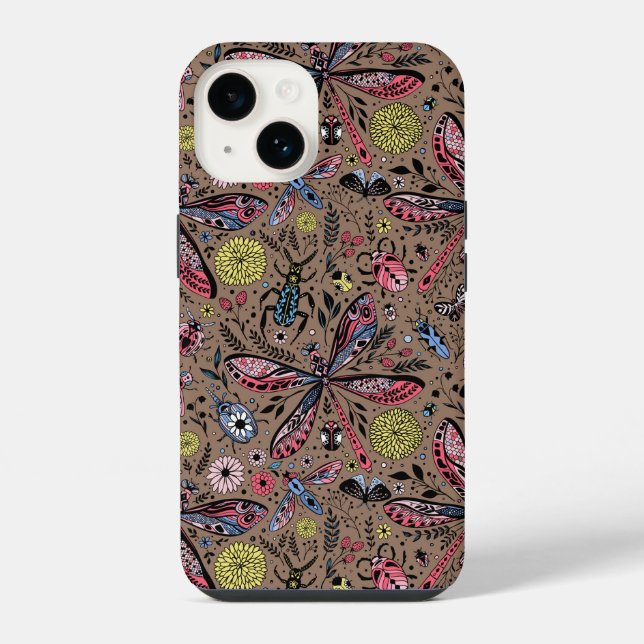 Doodle bugs on mocha brown iPhone case (Back)