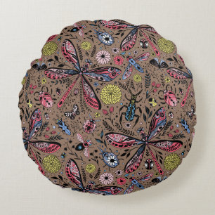 Doodle bugs on mocha brown round cushion