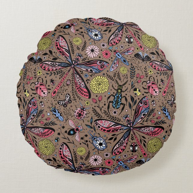 Doodle bugs on mocha brown round cushion (Front)