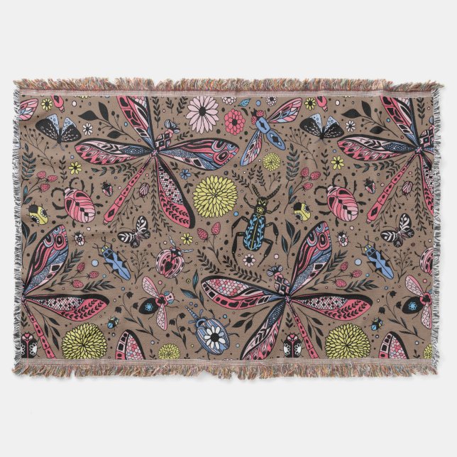 Doodle bugs on mocha brown throw blanket (Front)