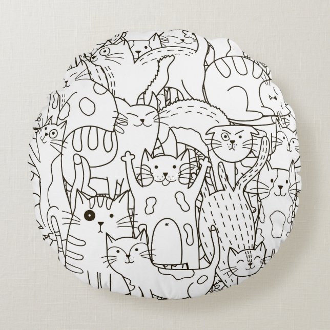 Doodle cats: black and white. round cushion (Front)