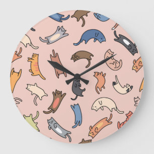 Doodle Cats Vintage Seamless Illustration Large Clock