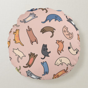 Doodle Cats Vintage Seamless Illustration Round Cushion