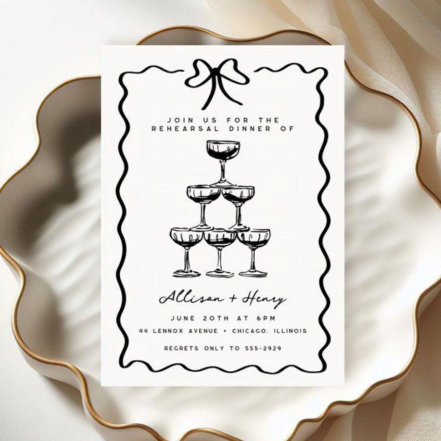 Doodle Champagne Tower Bow Rehearsal Dinner Invitation (Creator Uploaded)