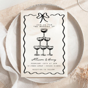 Doodle Champagne Tower Whimsical Bow Wedding Invitation