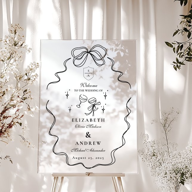 Doodle Champagne Whimsical Bow Wedding Acrylic Sign (Creator Uploaded)
