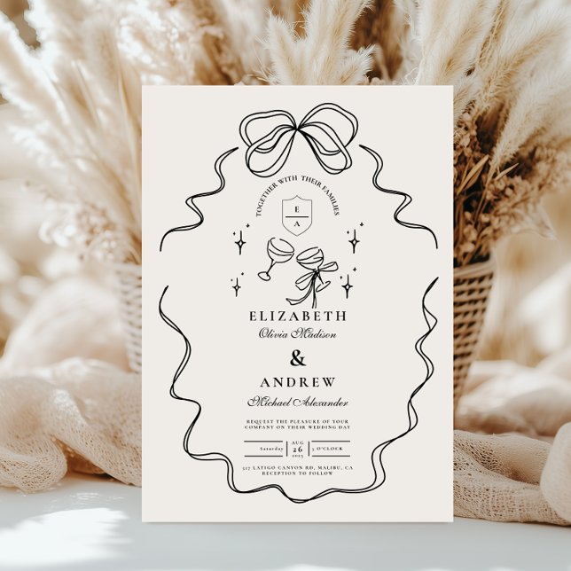 Doodle Champagne Whimsical Bow Wedding Invitation (Creator Uploaded)