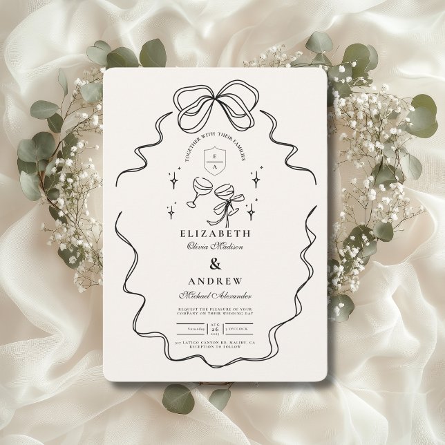 Doodle Champagne Whimsical Bow Wedding Invitation (Creator Uploaded)