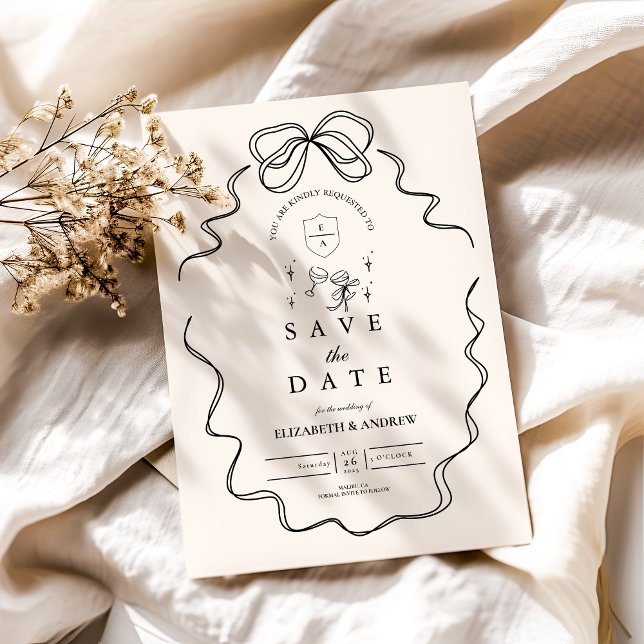 Doodle Champagne Whimsical Bow Wedding Save The Date (Creator Uploaded)
