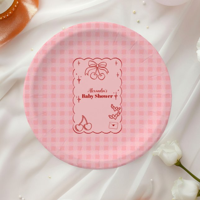 Doodle Cherry Bow Bow Baby Shower Paper Plate (Creator Uploaded)