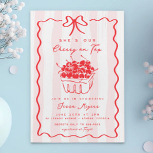 Doodle Cherry on Top Pink Bow Baby Girl Shower Invitation