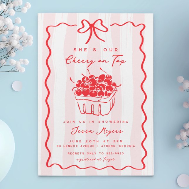 Doodle Cherry on Top Pink Bow Baby Girl Shower Invitation (Creator Uploaded)
