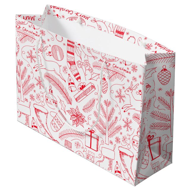 Doodle Christmas pattern red Large Gift Bag (Back Angled)
