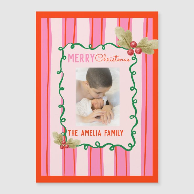  Doodle Christmas Pink Red Border Photo Holiday  (Front)