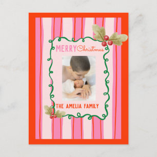 Doodle Christmas Pink Red Border Photo Holiday Postcard