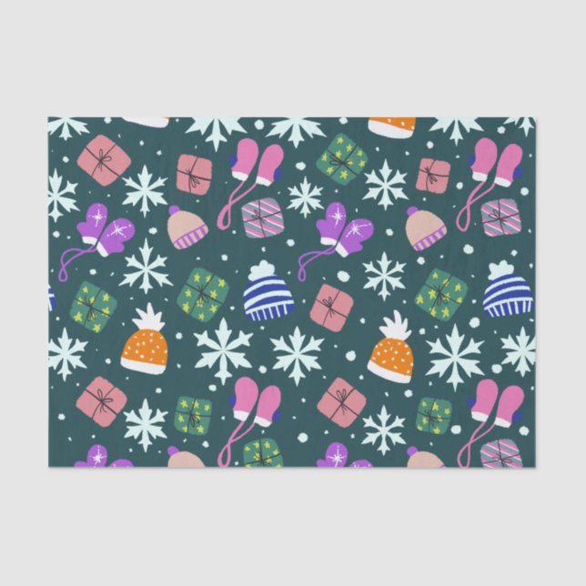 Doodle Christmas Winter Gloves Gifts Hats Dark Tissue Paper (Front)