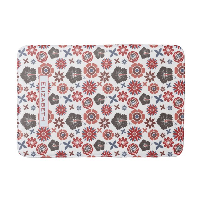 Doodle colourful floral pattern personalised name  bath mat (Front)