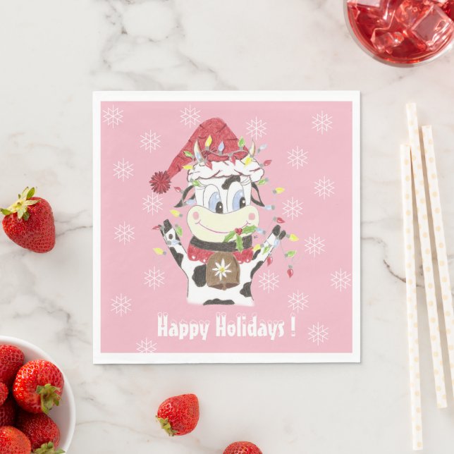 Doodle Cow with Christmas Lights Pink Paper Napkin (Insitu)