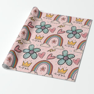 Doodle Crown, Rainbow, Flowers, Peach Watercolors Wrapping Paper