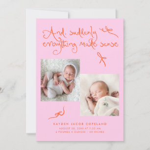 Doodle Cute Bows Orange Pink Photo Birth Announcement