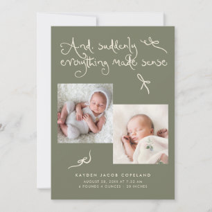 Doodle Cute Bows Sage Green Photo Birth Announcement