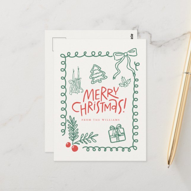 doodle cute whimsical merry christmas  postcard (Front/Back In Situ)