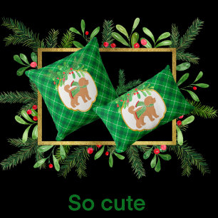 Doodle Dog Green Plaid Holiday Throw Pillow