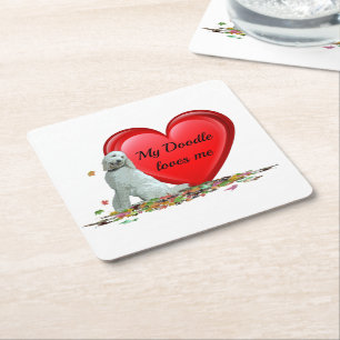 Doodle Dog In Leaves Heart Paper Coaster