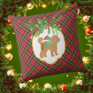 Doodle Dog Red Christmas Plaid Holiday  Cushion