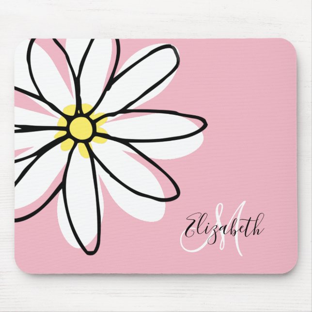 Doodle Drawn Daisy White Pink Monogram Cute Mouse Pad (Front)