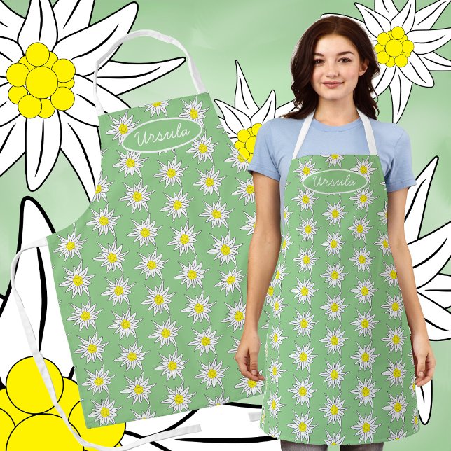 Doodle Edelweiss Flower Print Light Green Apron (Creator Uploaded)