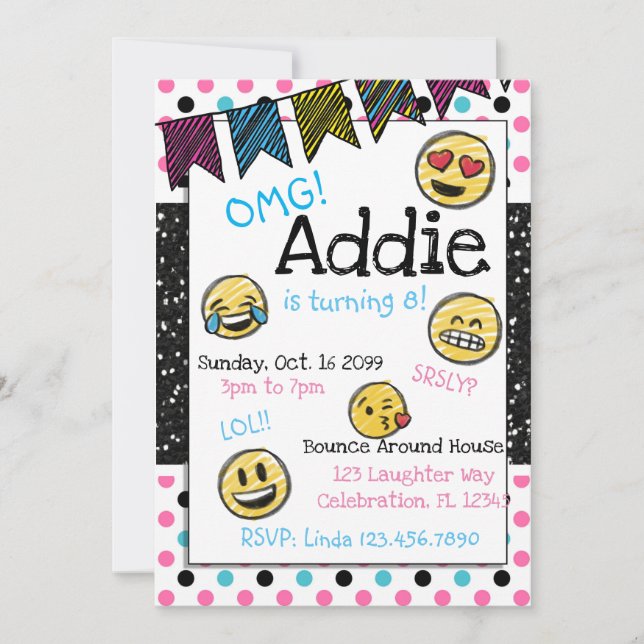 Doodle Emoji Pink & Blue Tween Birthday Invitation (Front)