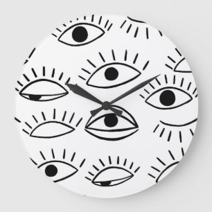 Doodle eye, creative seamless pattern. large clock