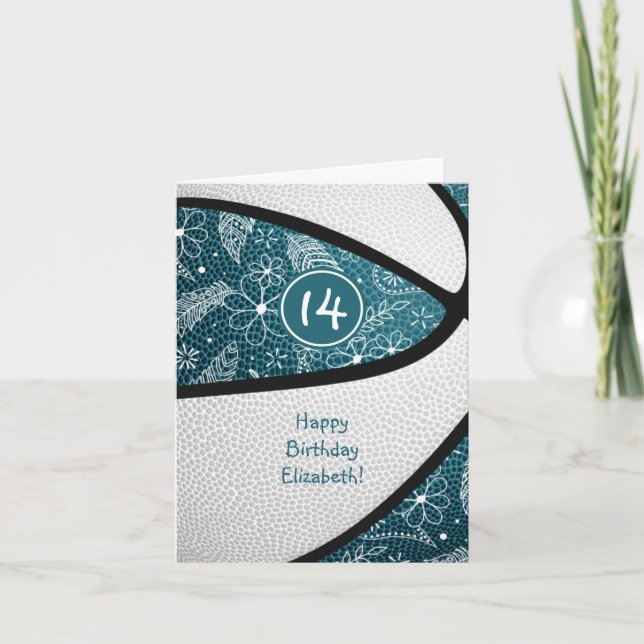 doodle feathers teal basketball girls birthday card (Front)