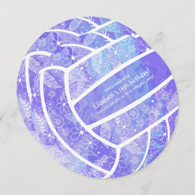 Doodle floral pattern purple volleyball birthday invitation (Front/Back)