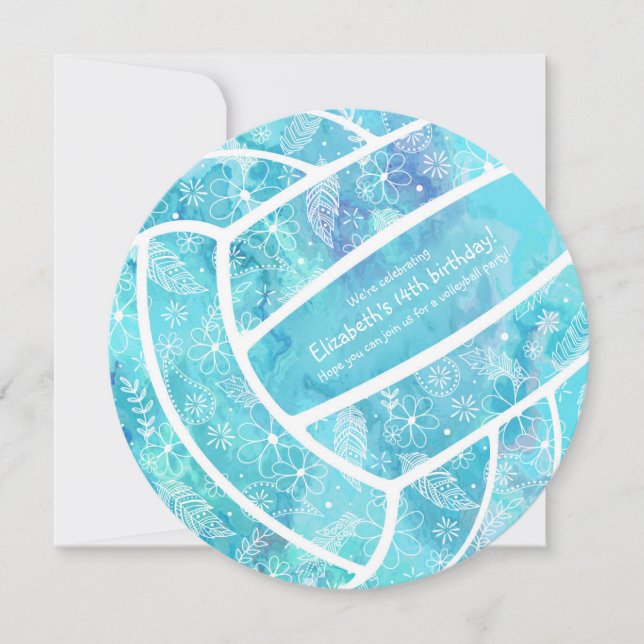 Doodle floral pattern turquoise volleyball party invitation (Front)