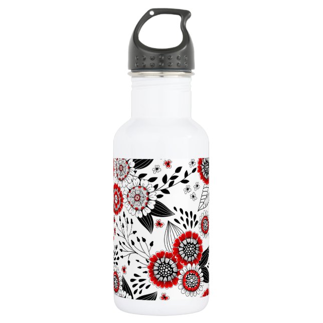 Doodle flowers and leaves in red and black 532 ml water bottle (Front)