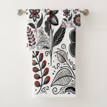 Doodle flowers and leaves in red and black