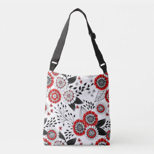 Doodle flowers and leaves in red and black crossbody bag