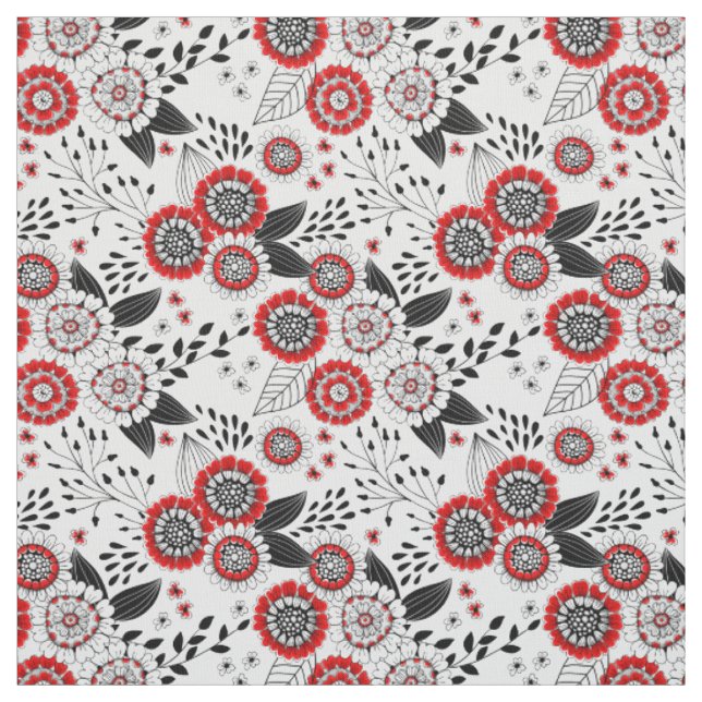 Doodle flowers and leaves in red and black fabric (Swatch)