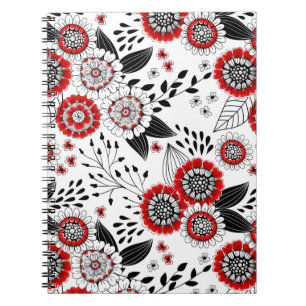 Doodle flowers and leaves in red and black notebook