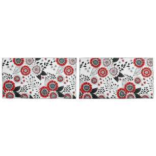 Doodle flowers and leaves in red and black pillowcase